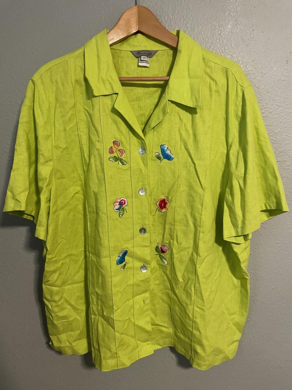 VTG Stonebridge Button Up Womens 2X Green Linen Embroidered Floral Boho FLAW